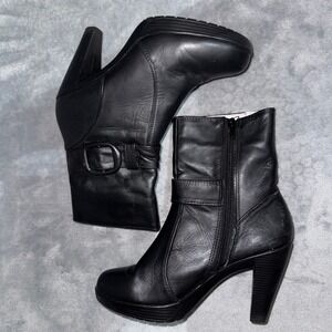 BRA Womens Platform Buckle Ankle Boots 37 Black Leather Side Zip Block Heel